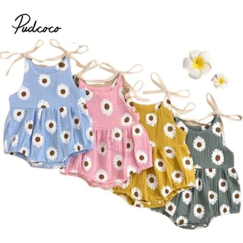 Baby Summer Rompers, Daisy Printing Tied Straps O-Neck Sleeveless Jumpsuit for Toddler Girls, 0-24 Months, 4 Colors