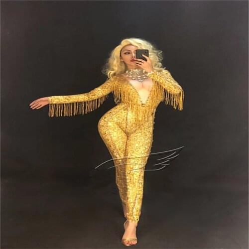 E70 Gold tassel ballroom dance stage costumes party wears dress dj singer bodysuit gogo jumpsuit female outfits performance show