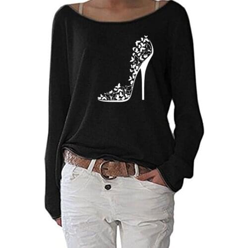 Sexy High Heel Shoes Stiletto Butterflies print T Shirt Women Long Sleeve Funny Autumn Tshirt Streetwear Women Casual Clothes