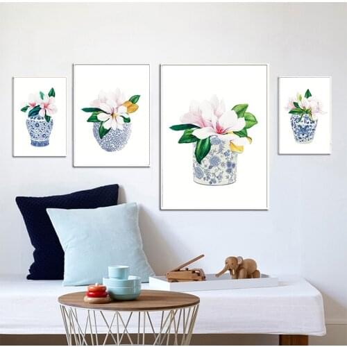 Blue and White Magnolia Botanical Art Canvas Prints Chinoiserie Chic Decorative Paintings Ginger Jar Vases Posters Wall Decor