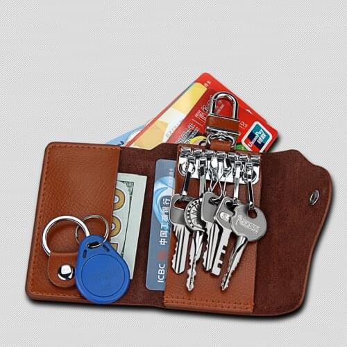 Leather Man Key Wallets Short Square Cowhide ID Card Holder Zipper Multi-function Car Key Chain Wallet Housekeepers Wholesale