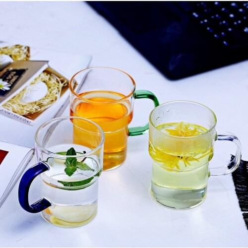 300ML Modern Color Handle Tea Mug Simple Single Layer Glass Cup Round Transparent Flower Tea Cup Milk Breakfast Mug