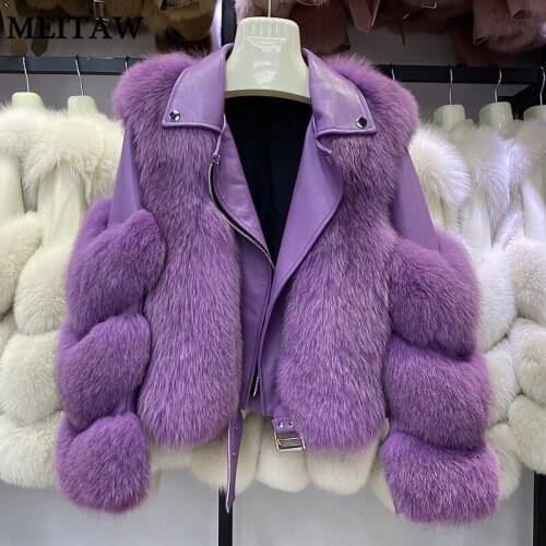 Retro Leather Wholeskin Fox Fur Jacket Coat 2020 Casual Long Sleeve Bomber Outerwear Tops Winter Real Fox Fur Coats