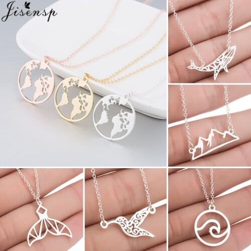 Delicate Vintage Origami World Map Pendant Necklace Globe Charm Stainless Steel Jewelry Cute Whale Wave Necklaces Travel Gifts