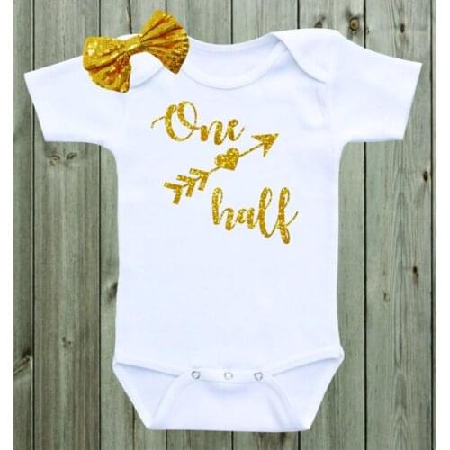Personalized gold One half year old infant baby bodysuit onepiece romper Outfit coming Home toddler shirt birthday party favors
