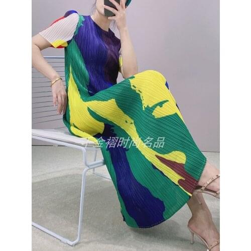 HOT SELLING Miyake Fold geometry print o-neck short sleeve A-Line dress IN STOCK