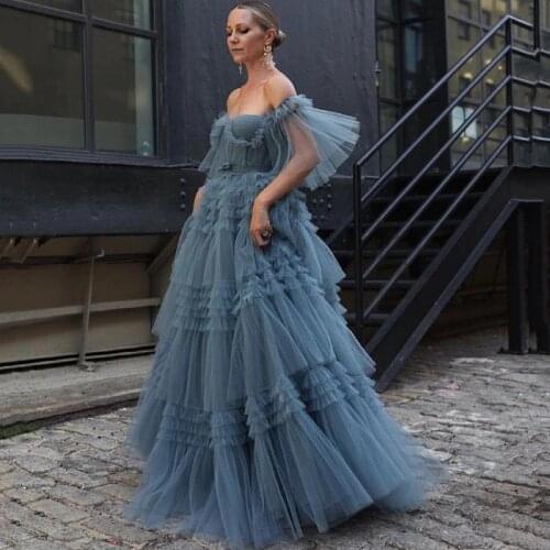 Gorgeous Dusty Blue Tiered Evening Party Dresses Off The Shoulder Removable Sleeve A Line New Chic Ruffle Tulle Long Prom Gowns