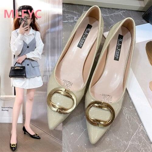 2021 autumn metal buckle pointed toe shoes girl sexy net red high heels female stiletto shallow mouth shoes