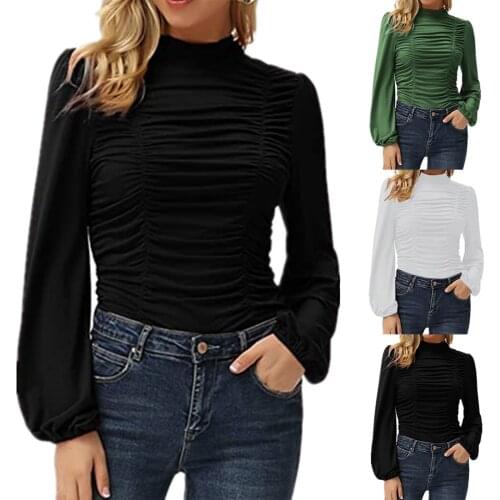 WomenS Pullover Autumn High-Quality Retro Casual Solid Color Long Lantern Sleeves High Neck Pleated Slim T-Shirt толстовка 50