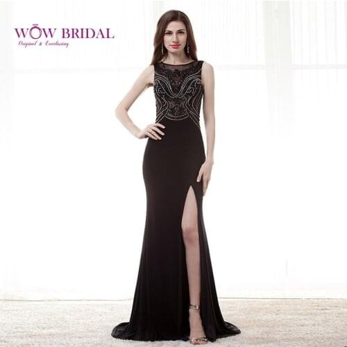 Wowbridal Black Crystal Mermaid Evening Dress Long 2021 Formal Dresses Sexy Split Rhinestone Evening Gowns Robe de soiree