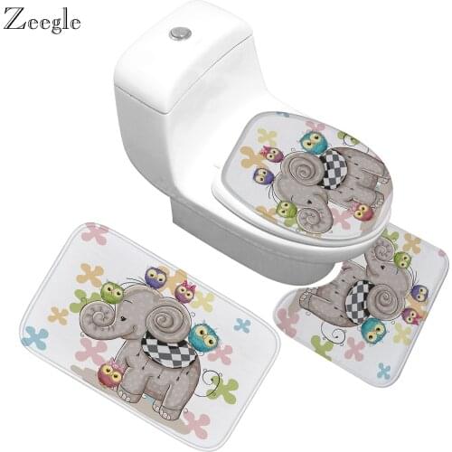 3PCS Elephant Pattern Toilet Seat Cover Bath Mat Absorbent Non-Slip Bathroom Rug Bath Mat Set Flannel Floor Mats for Bathroom