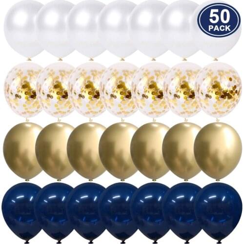 50pcs 12 inch Metallic Silver and White Pearl Party Balloons Navy Blue and Silver Confetti Balloons for Shower Wedding Engageme