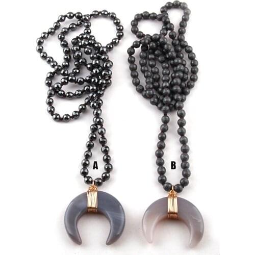 Free Shipping Fashion Bohemian Tribal Jewelry Hematite Stones Knotted Stone Moon Pendant Necklaces Women Ethnic Necklace