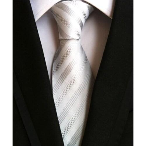 8cm Designer Striped Tie White with Silver Stripes Woven Gravat Neck Ties Wholesale