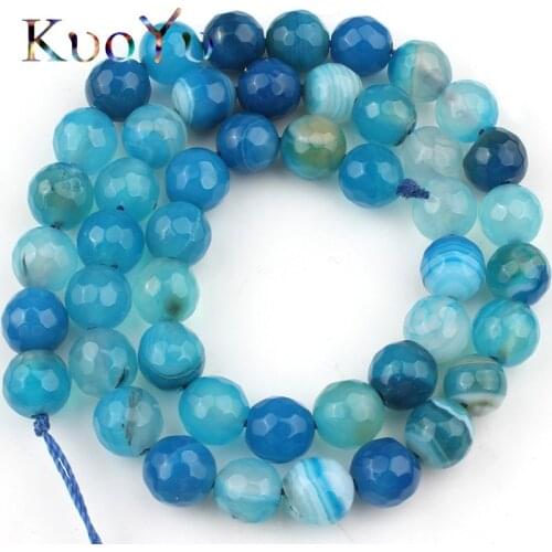 Faceted Blue Striated Agates Onyx Natural Stone Loose Spacer Beads For Jewelry Making DIY Bracelet Necklace 15" 4/6/8/10/12mm