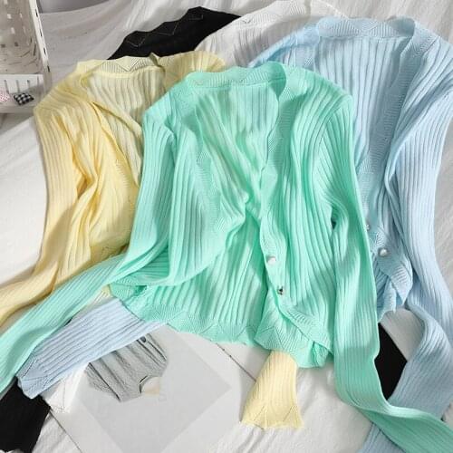 Knitted Cardigans Women Unicolor V-Neck Single Breasted Summer Sweaters 2021 New Fashion Casual Long Sleeve Lady Tops