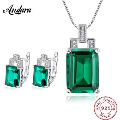 Fine Jewelry Sets 925 Sterling Silver Fashion Green Blue Square Gem Necklaces Earrings Set Female Luxury Jewelry