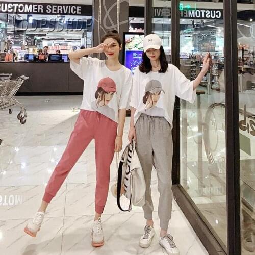 2019 Casual Lady Print T Shirt And Solid Color Pants Women Sets Korean Female Sets