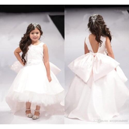 Lovely Open Back Big Bow Girl Pageant Gowns White High Low Flower Girl Dresses For Wedding Jewel Sleeveless Children Communion D