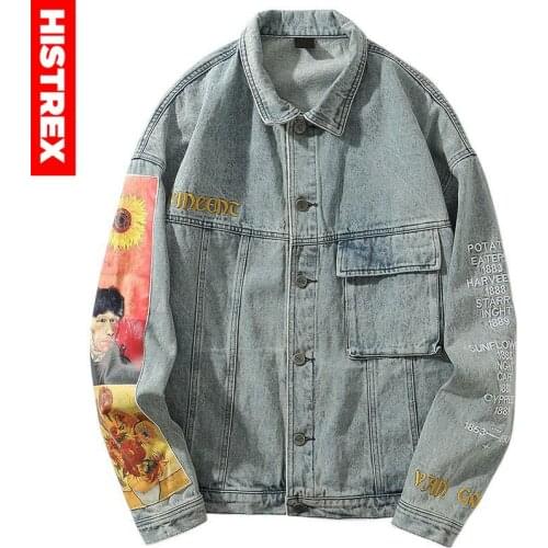 Hip Hop Men Denim Jackets Streetwear Vincent Van Gogh Embroidery Denim Jean Bomber Jacket Coat Vintage Harajuku Loose Blue Black