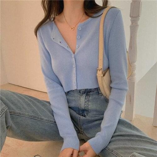 2021 new knitted cardigan womens autumn slim long sleeve coat high waist short shirt