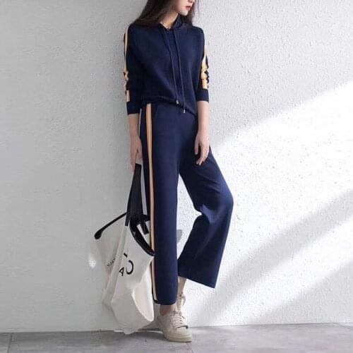 New Real Hooded Casual Knitted Sports Suit Women Fashion Western Style Hoodie And Wide Leg Pants 2-piece Set 2020 Autumn Winter