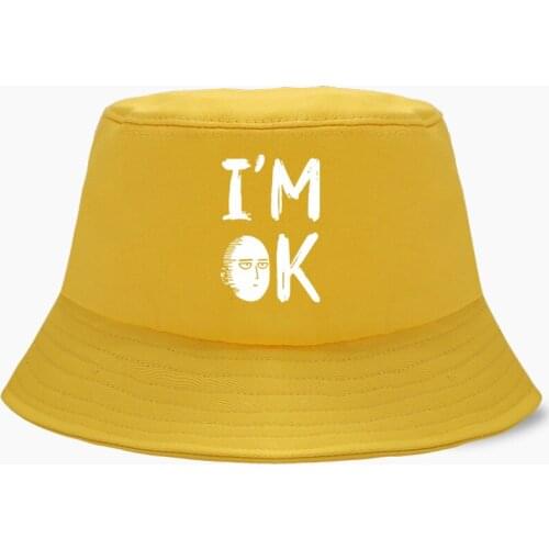 Bucket Hat Cap Japanese Anime One Punch Man Funny I'M Ok Men Womens Bob Hip Hop Panama Summer Fisherman Hats Outdoor Sun Caps