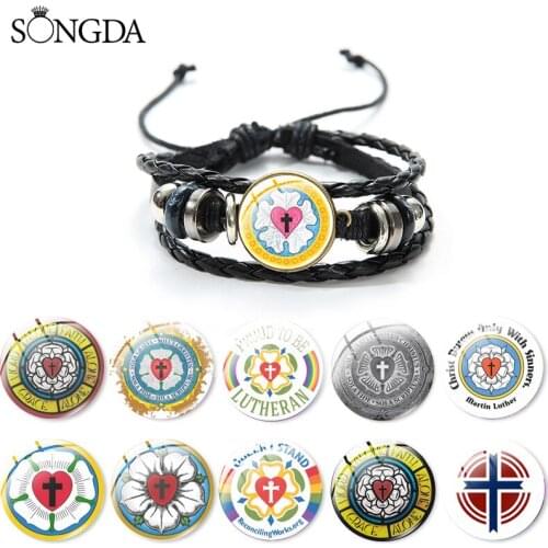 SONGDA-Proud to be Lutheran Bracelet Glass Cabochon Braided Leather Bracelets Bangles Punk Wrap Leather Wristband Jewelry Gifts