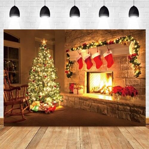 Christmas Backdrop Photocall Fireplace Burning Fire Glitter Tree Party Decor Photography Background Photographic Photo Studio