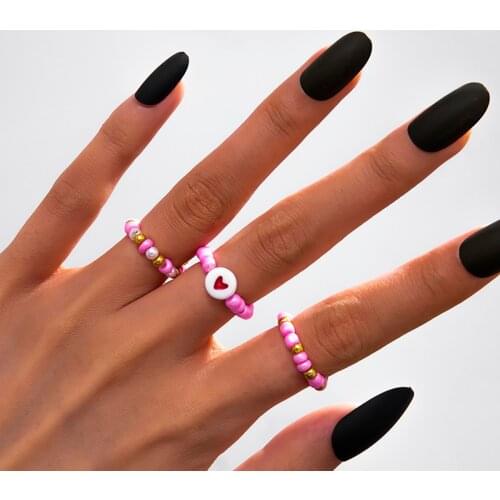 SHIXIN Bohemia Handmade Heart Beaded Ring for Women Elasticity Beaded Rings Summer Fashion Knuckles Ring Jewelry Sets 2021 Gifts