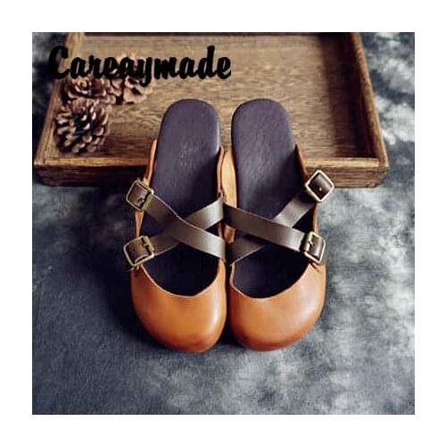 Careaymade-Handmade Womens Genuine Leather Shoes Retro Artistic Full-Grain Leather Low Heel round Head Comfortable Mori Slipper