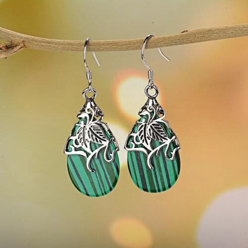 Green Eye Stone Women Bohemia Dangle Earrings Hollow Earring Ethnic Vintage Indian Jewelry Female Silver Plated Earrings