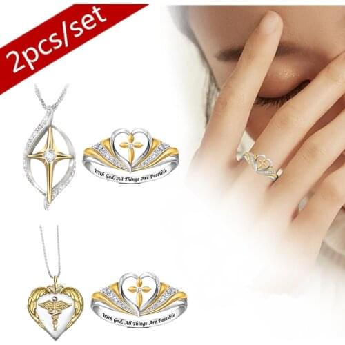 5 Sizes Fashion Religion Dual Color Women Gift Engraved Rhinestone Heart Shape Serpentine Sign Cross Pendant Necklace Ring Set