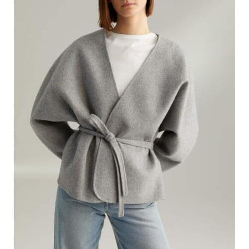7Evening WOOL CASHMERE Lunel jacket grey Melange V Neck Wrap Coat Waist BELT TIed Drop shoulder OVERSIZED SHORT OVERCOAT