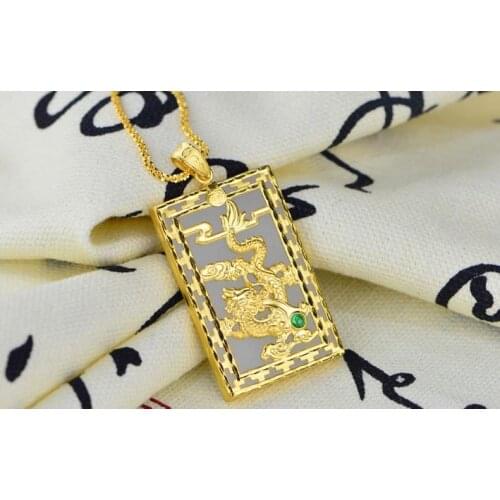 Gold bag jade pendant Hetian jade gold hand-carved mens dragon necklaceH70