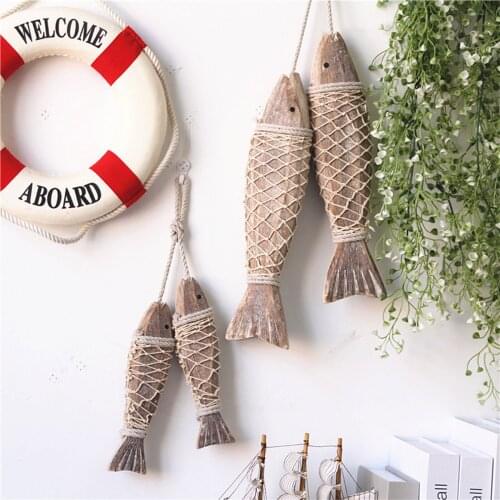 2Pcs Mediterranean Style Rustic Natural Wood Fish Wall Decoration Handcraft Hanging Sculptures Hand Carved Ornaments 2021