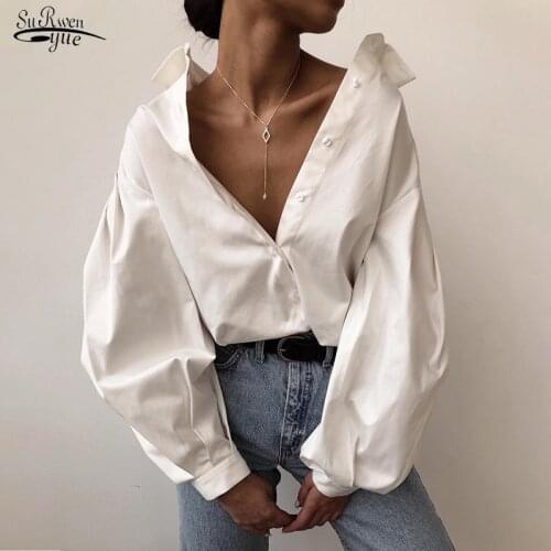 2021 Lantern Sleeve Shirt White Black Sexy Casual Plus Size Blouse Women Turn Down Collar Cardigan Ladies Clothing Female 10903