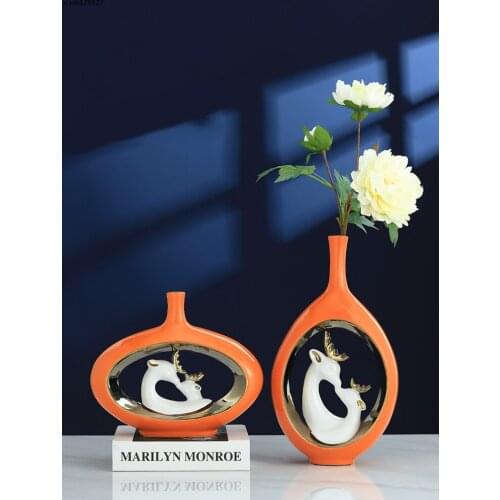European Style Hollow Ceramic Gold Vase Luxury Couple Deer Flower Arrangement Desktop Orange Dried Flower Decora Vase Home Decor