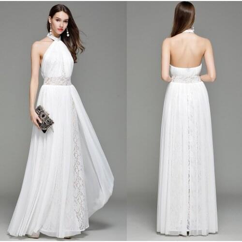 B0006 New Halter Sleeveless Lace&Tulle Maxi Formal Women Prom Ball Gown Dress White Backless party A-line
