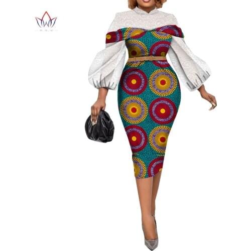Bintarealwax African Dresses for Women Bazin Riche Bubble Sleeve Evening Party Clothes Elegant Plus Size 7XL Dress WY8968
