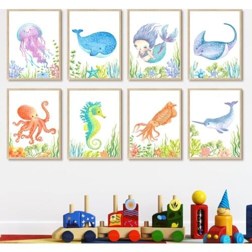 Deep Sea Creatures Whale Octopus Shark Mermaid Wall Art Canvas Painting Posters And Prints Wall Pictures Baby Kids Room Decor