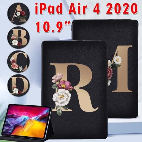 Cute Floral Gold Initial Name Tablet Case for Apple IPad Air 4 2020 10.9 Inch PU Leather Tablet Stand Folding Cover+ Free Stylus