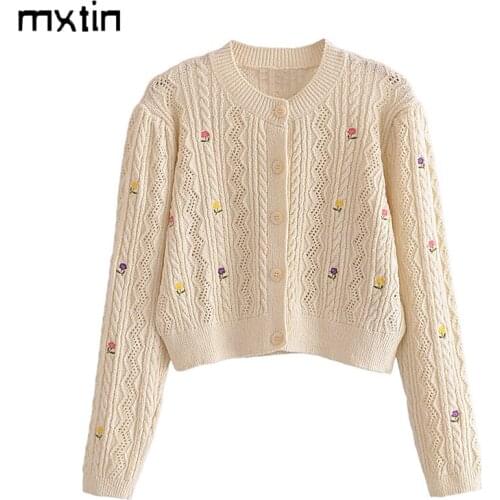 MXTIN 2021 Women Autumn Fashion Floral Embroidery Knitted Cardigan Sweater Vintage O-Neck Long Sleeve Female Outerwear Chic Tops