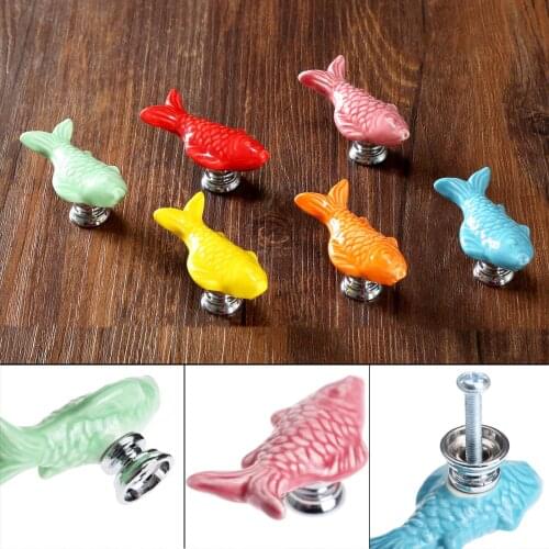 1pc Ceramic Fish Kitchen Cabinet Knobs and Handles Door Furniture Handle Knob Wardrobe Cupboard Handle Pulls Furniture Fittings