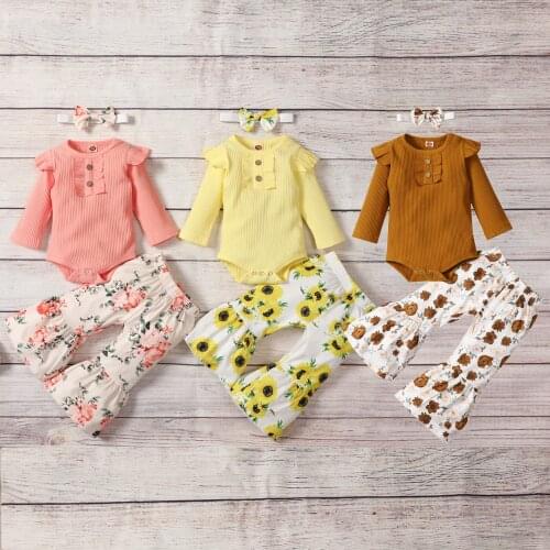 Toddler Baby Girl Clothes Set Newborn Girls Outfit Solid Romper Top+Floral Flare Pants+Headband Spring Fall Clothes Set