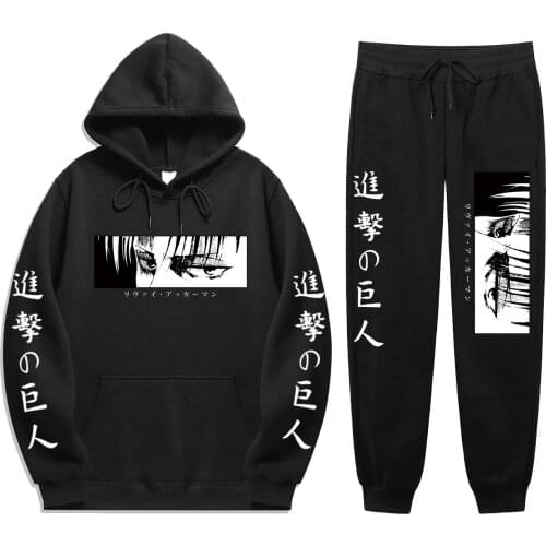 Anime Attack On Titan Levi Winter Tracksuit 2 Piece Set Print Hoodies pants Sportwear men Suit Hooded Sweatshirt Harajuku