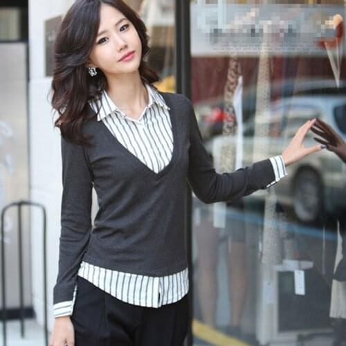 Plus Big Size Blusas Feminina 2020 New Korean Spring Autumn False Two Pieces Long Sleeved Striped Stitch Shirt Female A2338