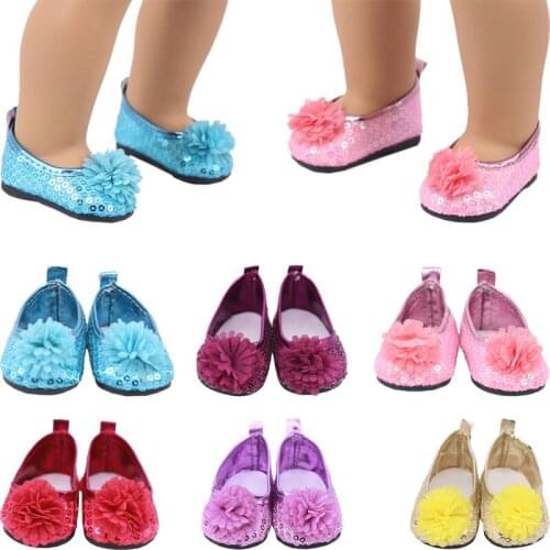 New Doll Shoes With Sequins & With Decorative Flowers For 18 Inch American&43 Cm New Born Baby Doll Shiny And Cute For Our Dolls