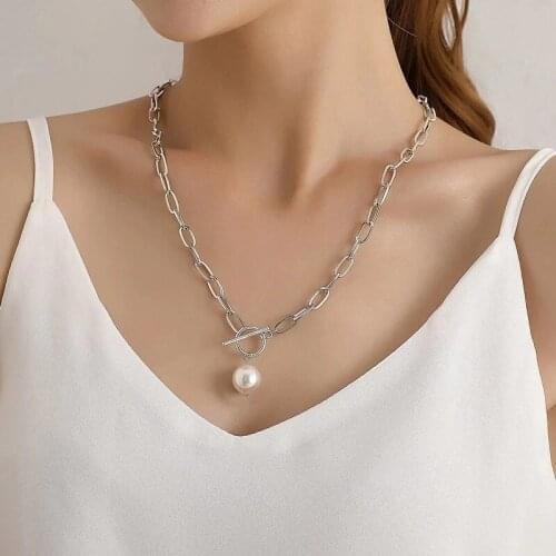 Natural Shell Pearl Necklace Stainless Steel Toggle Necklaces For Women Gold/Silver Metal Heavy Duty Chain Choker Collier Collar