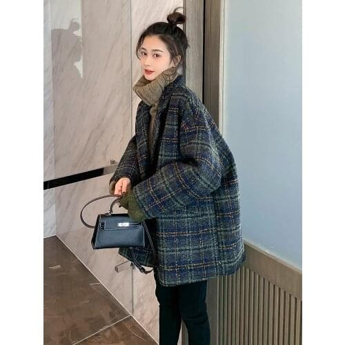 Plus size womens autumn and winter fried street fashion age reduction temperament plaid woolen coat woolen coat Western style